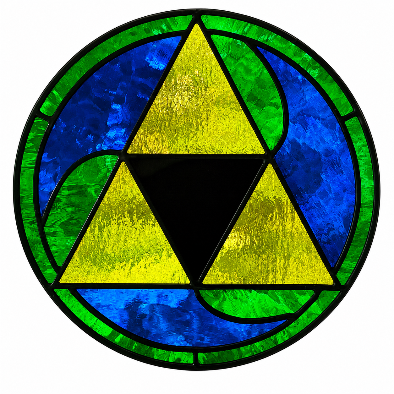 The trimitsue rendered in stained glass — green, gold, and blue