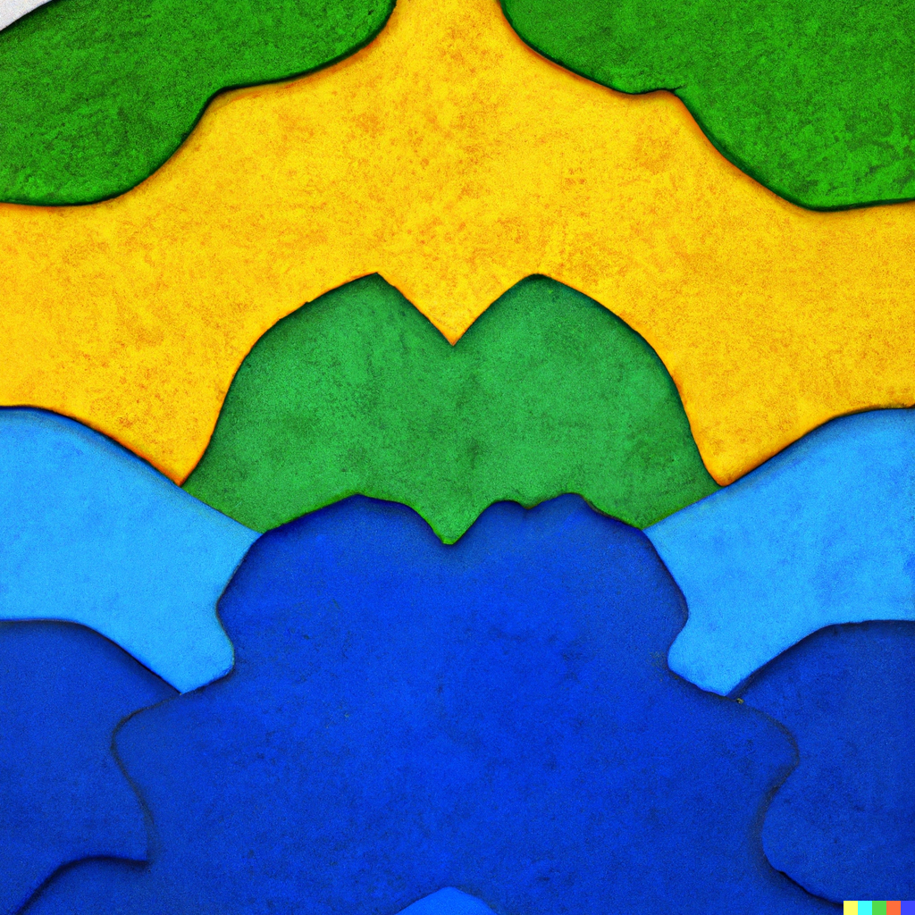 Layered green, gold, and blue waves flowing into one another